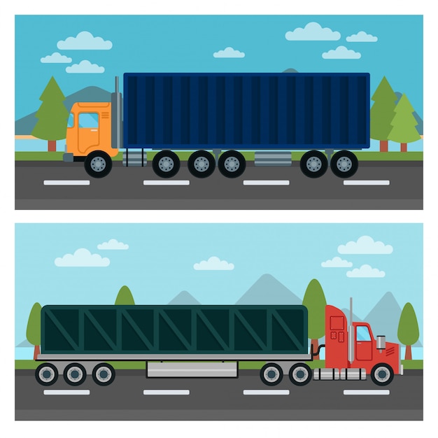 Transport De Marchandises. Camion Et Remorque. Camions De Livraison. Transport Logistique. Mode De Transport. Camion De Marchandises. Illustration Vectorielle Style Plat