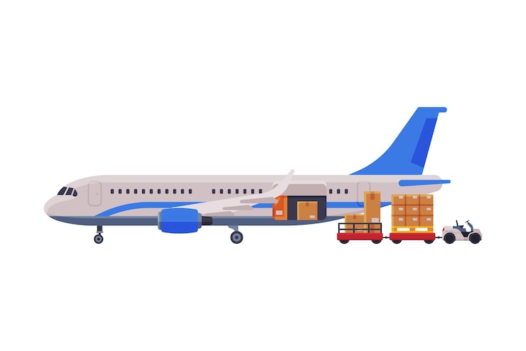 Vecteur transport de marchandises par avion à réaction avec boîtes en carton et élévateur à fourche illustration vectorielle de style plat sur fond blanc