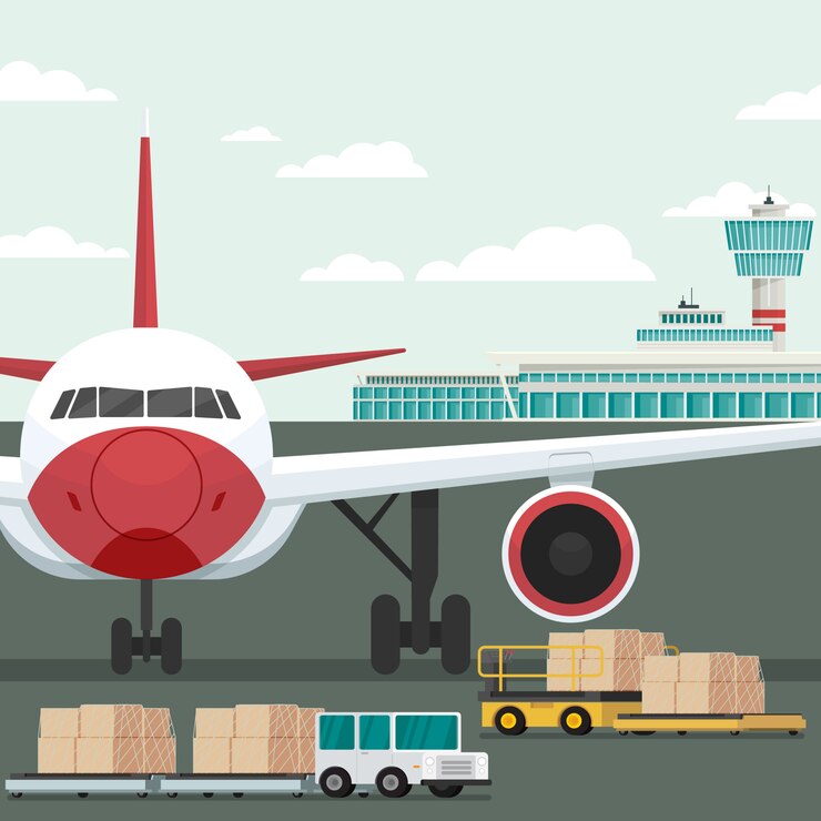 Vecteur transport par avion cargo et chargement à l&#39;aéroport. illustration vectorielle concept