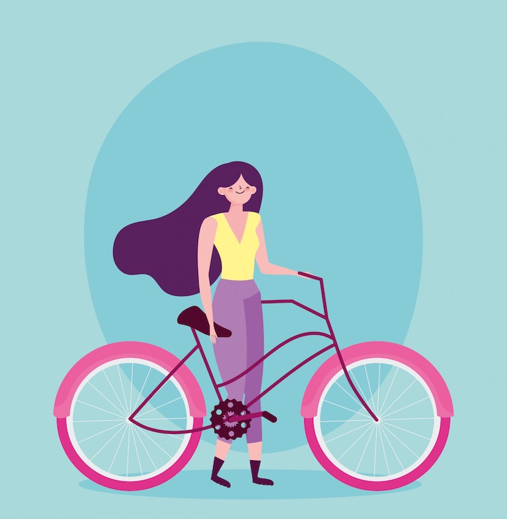 Vecteur transport respectueux de l'environnement, femme avec illustration de personnage de dessin animé de vélo