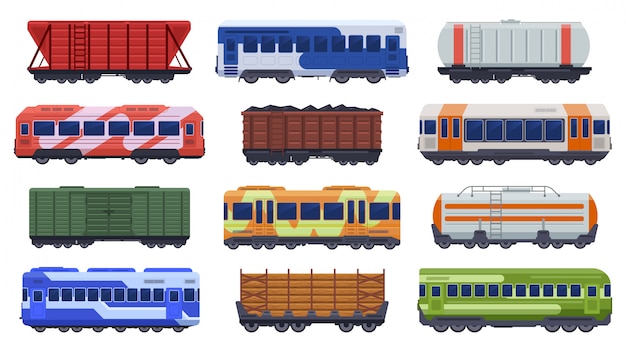 Transport De Trains. Trains De Voyageurs Et De Marchandises, Trains à Vapeur, Trains à Grande Vitesse De Marchandises. Ensemble D'icônes Illustration Métro Métro Train. Fourgon Souterrain Rapide Pour Marchandises, Charbon Et Bois