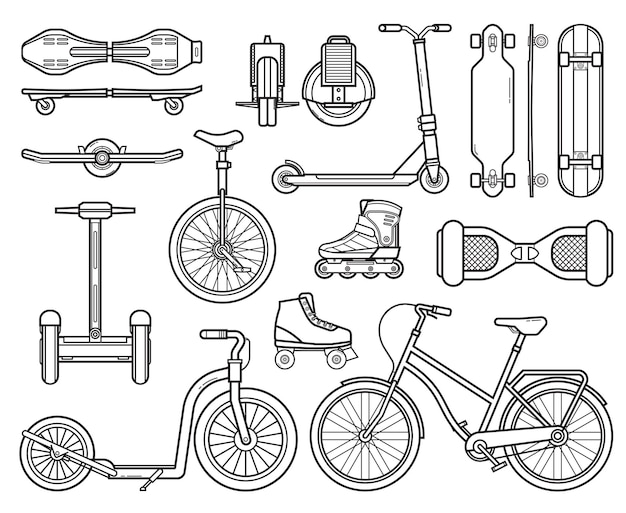 Transport urbain alternatif Véhicules respectueux de l'environnement Scooters électriques et planches d'équilibre en dessin au trait