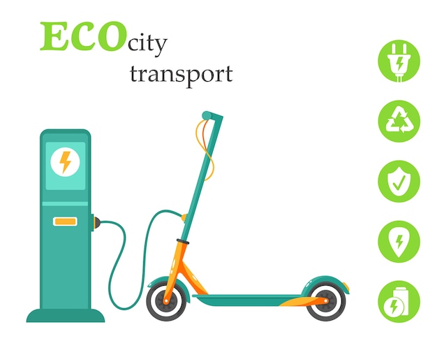 Transport Urbain écologique. Chargement Du Scooter électrique à Une Station. Concept De Sauvegarde De La Nature Et De Nouvelles Technologies. Illustration Dans Un Style Plat.