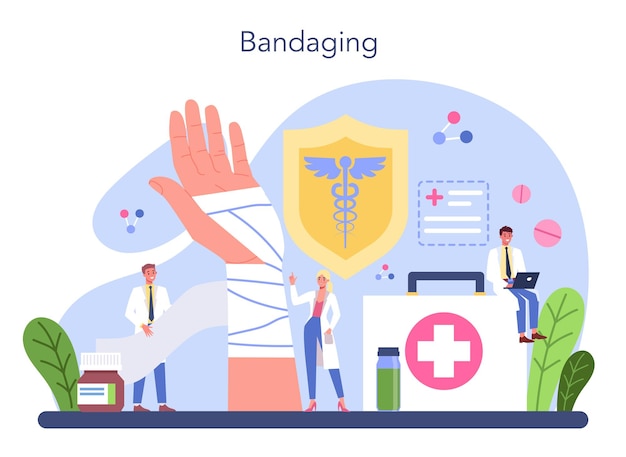 Traumatologue et médecin de chirurgie traumatologique Membre blessé os cassé ou entorse Application de bondage et de plâtre Aide d'urgence Illustration vectorielle
