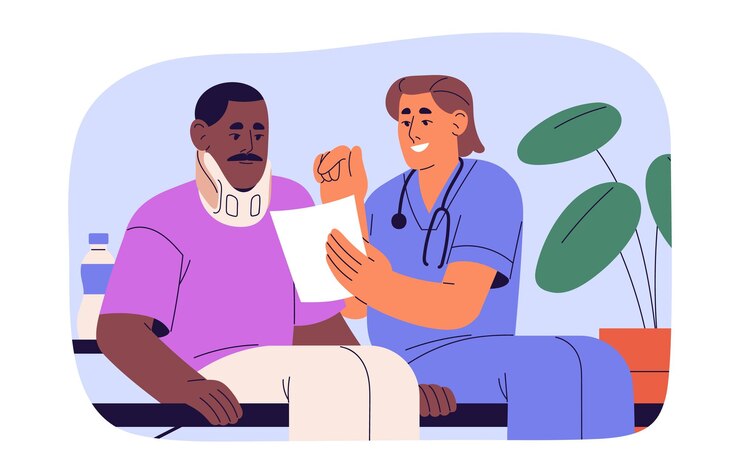 Vecteur traumatologue, orthopédiste traitement des patients. le médecin a mis un bandage médical, une attelle sur le traumatisme, une entorse, une blessure, une lésion, une dislocation à l'hôpital. illustration vectorielle isolée plate sur fond blanc.