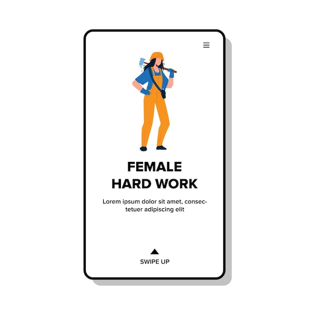 Travail Acharné Des Femmes Sur Le Bâtiment Ou Le Vecteur D'usine. Jeune Femme Portant L'uniforme Et Le Casque De Profession, Tenant Le Marteau Sur Le Travail Acharné Des Femmes. Personnage Travaillant Sur Job Web Flat Cartoon Illustration