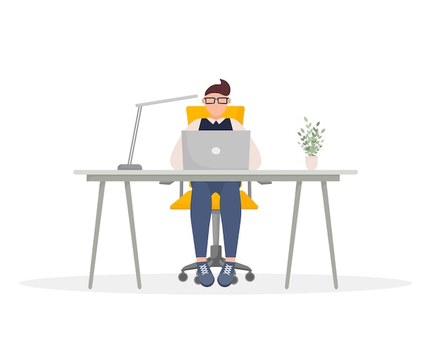 Travail à distance Travail de bureau pour les gens d'affaires Illustration vectorielle design plat Dessin animé homme assis