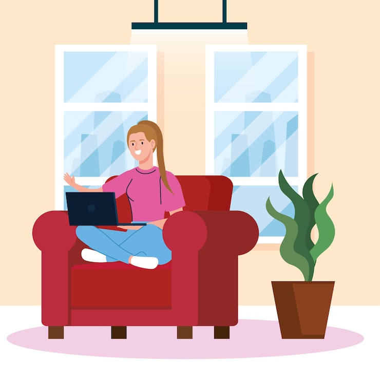 Vecteur travail à domicile, jeune femme indépendante avec ordinateur portable sur canapé, travaillant à domicile à un rythme détendu, lieu de travail pratique