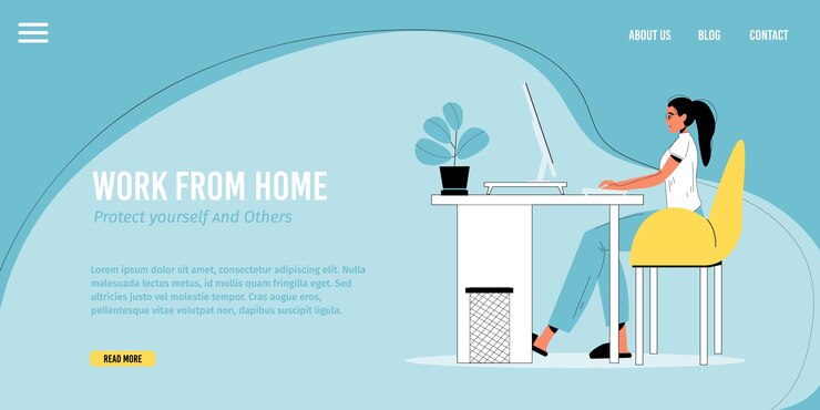 Travail à domicile, travail à distance. Jeune femme travaillant en ligne sur ordinateur gagner de l'argent assis au bureau sur la chambre. Restez à la maison, protégez-vous la promotion des gens. Modèle de page de destination