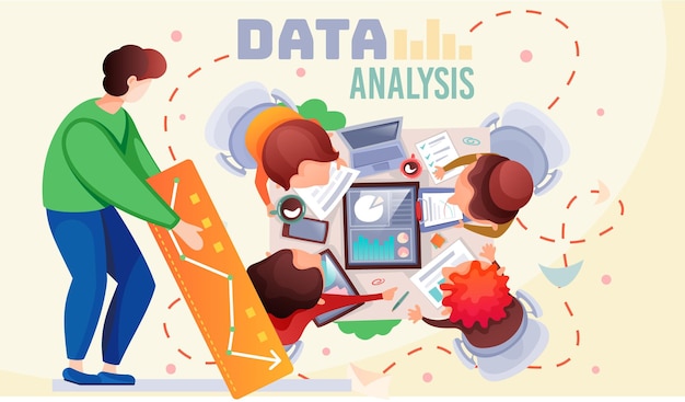 Vecteur travail d'équipe d'analyse de données une équipe d'analystes tient une réunion et élabore une stratégie marketing basée sur une analyse des diagrammes de performance financière de l'entreprise brainstorming d'hommes d'affaires