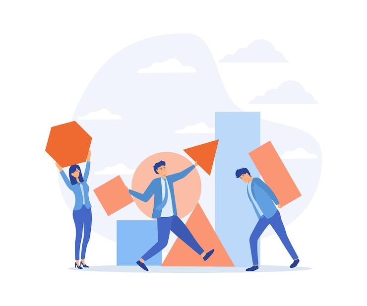 Vecteur travail d'équipe coopération partenariat concept bureau employés groupe mis en place d'énormes pièces de puzzle abstraites séparées ensemble illustration moderne de vecteur plat