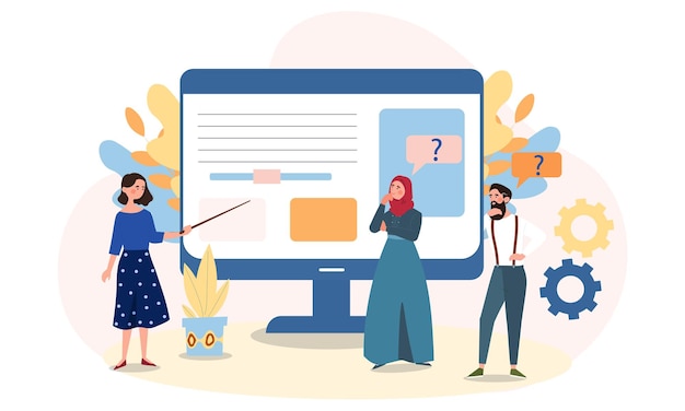 Travail d'équipe dans le concept de bureau Les personnages se tiennent près du moniteur et étudient les détails du projet
