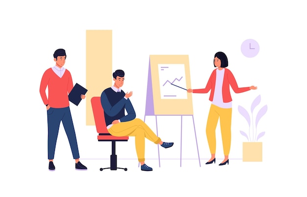 Travail d'équipe d'entreprise Employés ayant une présentation ou une formation avec un tableau à feuilles mobiles Remue-méninges d'employés de bureau