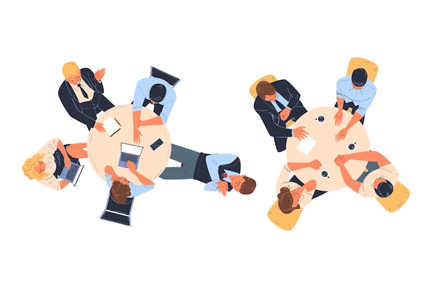 Travail d'équipe avec un homme et une femme de bureau Brainstorming à la table ronde Discuter du projet ci-dessus Vue Vector Set