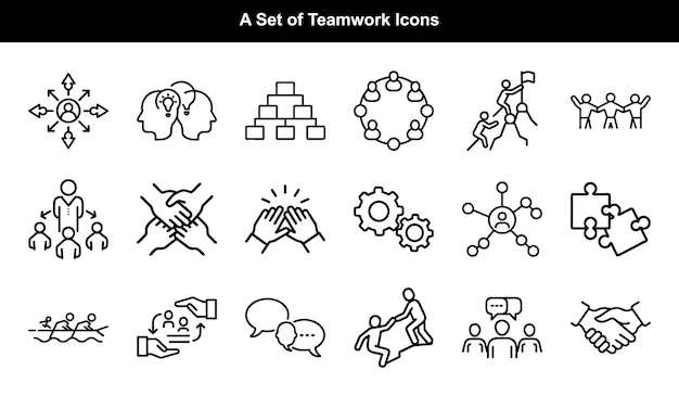 Travail en équipe Icones définies Collaboration Connexion Partenariat Success Outline Style Isolé