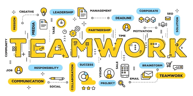 Travail D'équipe, Typographie De Lettrage De Mot Jaune Avec Des Icônes De Ligne Et Nuage De Tags