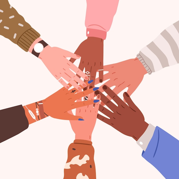 Travail d'équipe, unité et soutien dans le concept communautaire. Mains de groupes de personnes diverses s'empilant, vue de dessus. Partenariat, amitié, convivialité au sein d’une équipe internationale. Illustration vectorielle plane