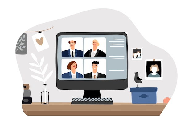Vecteur travail en ligne. vidéoconférence, réunion d'affaires à domicile. gestionnaires sur écran d'ordinateur, illustration vectorielle de chat à distance