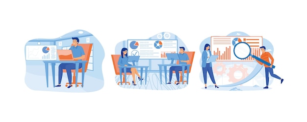 Travail de scientifique des données Analyse de grandes données Analyse dans l'industrie financière Set de vecteur plat Illustration moderne
