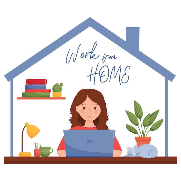 Vecteur travailler à partir du concept de design maison. fille travaillant sur ordinateur portable dans sa maison.