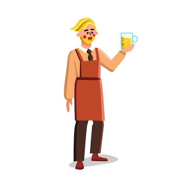 Le travailleur de la brasserie tient le verre avec le vecteur de boisson à la bière. Homme barbu tenant une tasse avec une bière ou une bière brassée alcoolisée, recette de brasserie. Caractère Usine Travail Plat Cartoon Illustration