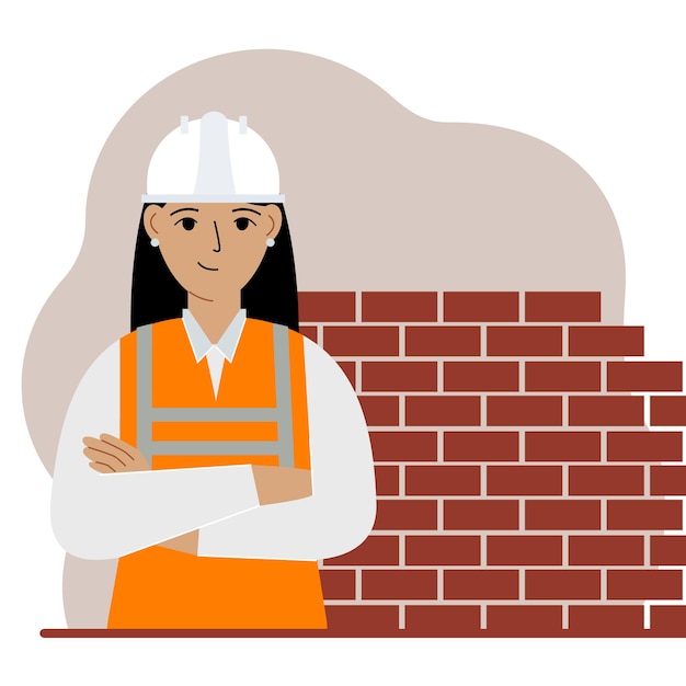 Travailleur De La Construction De Femme Souriante Dans Un Casque Blanc Et Un Gilet Orange. Ingénieur. Télévision Illustration Vectorielle