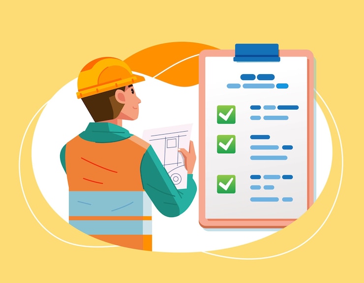 Vecteur travailleur de la construction homme avec liste de contrôle marquée sur le presse-papiers achèvement réussi de la cible des tâches illustration vectorielle plane