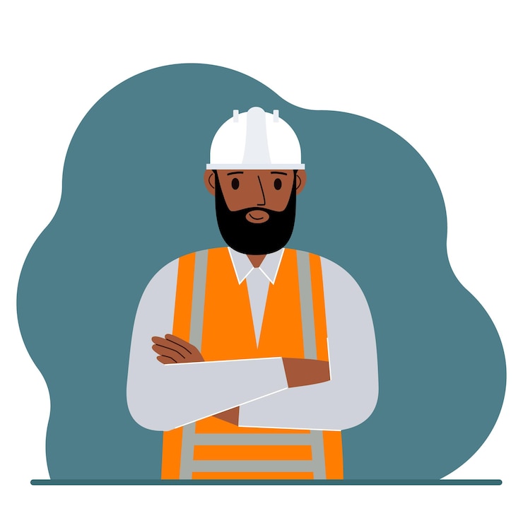 Vecteur travailleur de la construction homme souriant dans un casque blanc et un gilet orange. télévision illustration vectorielle