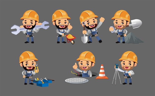 Travailleur De La Construction Avec Des Poses Différentes