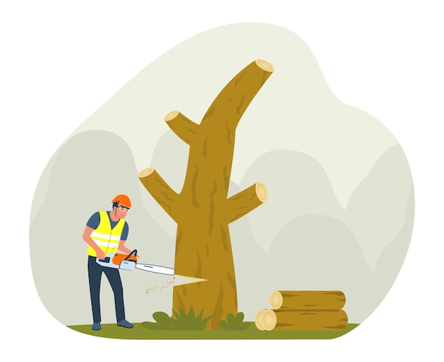 Un travailleur coupe du bois de chauffage à l'aide d'une tronçonneuse Illustration vectorielle