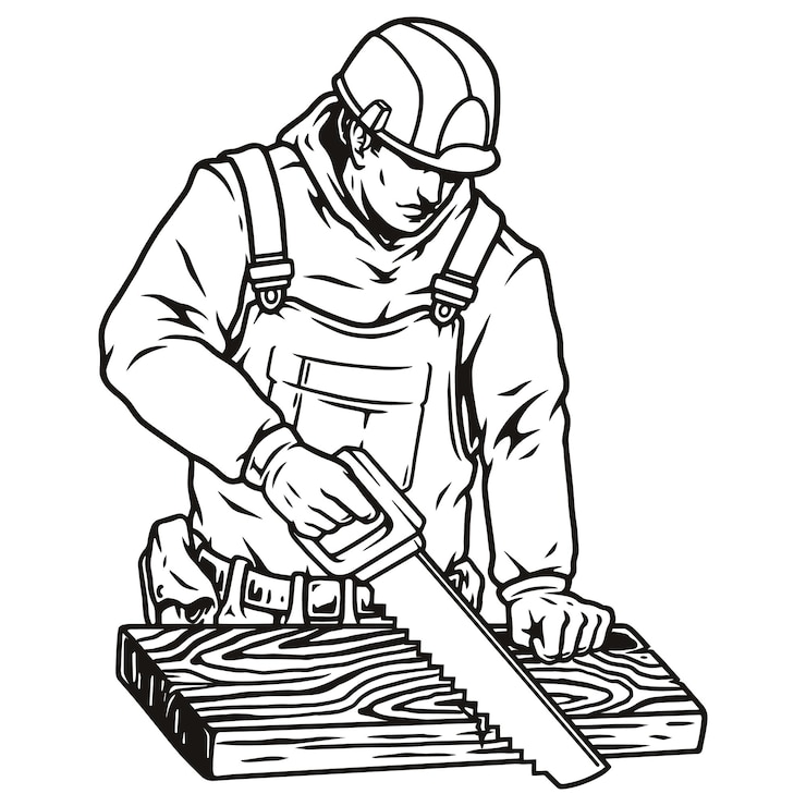 Vecteur travailleur du bois à la planche à scier au casque
