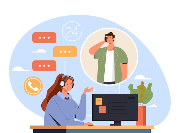 Travailleur du centre d'appels femme consulter le concept de client homme, illustration