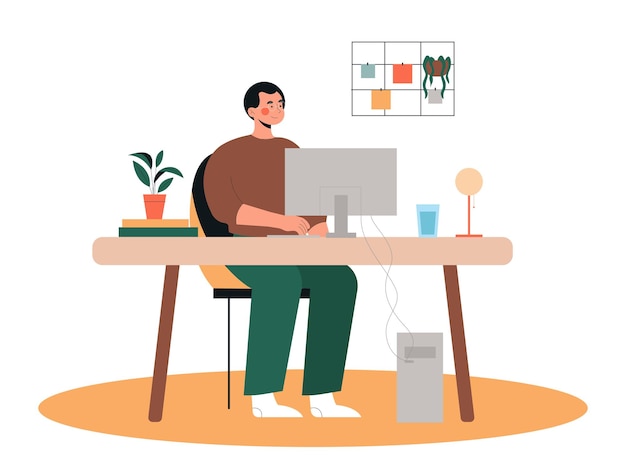 Travailleur indépendant sur le lieu de travail Jeune homme assis à l'ordinateur Travailleurs à distance et à distance Gains en ligne Travail à domicile Modèle et disposition Collection vectorielle plate de dessins animés isolée sur fond blanc