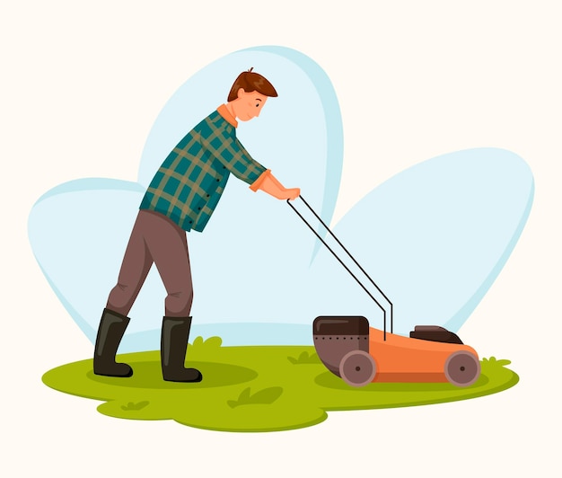 Travailleur de jardinier masculin de dessin animé de vecteur avec tondeuse à gazon électrique