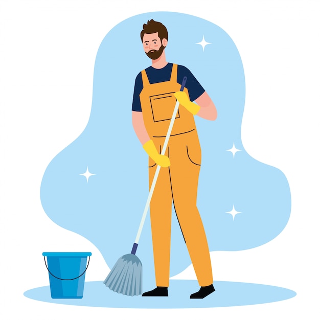 Travailleur de nettoyage homme avec vadrouille et seau, concierge homme avec vadrouille et conception d'illustration vectorielle seau