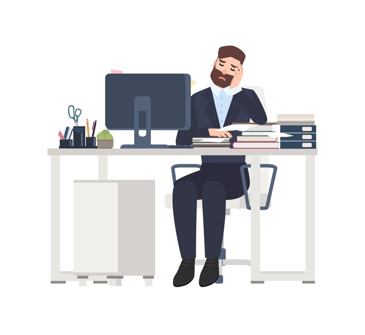 Vecteur travailleur professionnel masculin ou commis assis au bureau complètement recouvert de documents.
