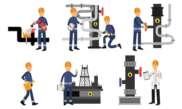 Vecteur un travailleur en uniforme éteint un incendie sur un oléoduc debout à côté d'une plate-forme de forage de plate-forme pétrolière portant une bouteille jaune serrant la soupape un homme inspecte un oléoduc avec des documents