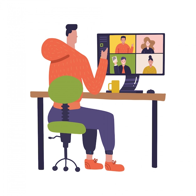 Travailleur Utilisant Un Ordinateur Pour Une Réunion Virtuelle Collective Et Une Vidéoconférence De Groupe. Homme Au Bureau Discutant En Ligne. Illustration Pour La Vidéoconférence De Quarantaine, Le Travail à Distance. Design Plat