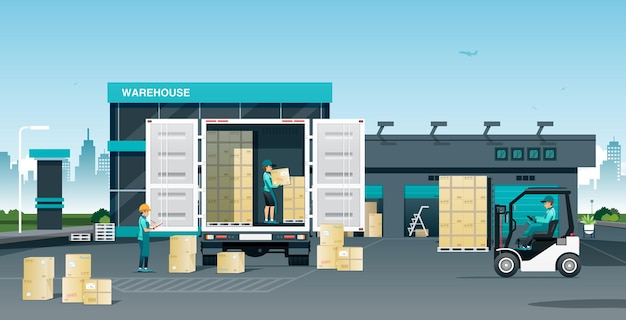Vecteur travailleurs chargeant des marchandises sur des camions dans un entrepôt