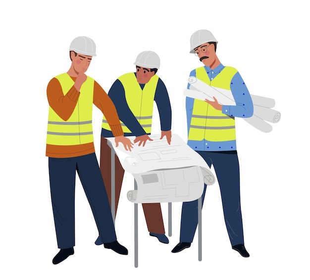Travailleurs de la construction concept hommes en uniforme de protection avec des plans constructeurs et ingénieurs sociaux