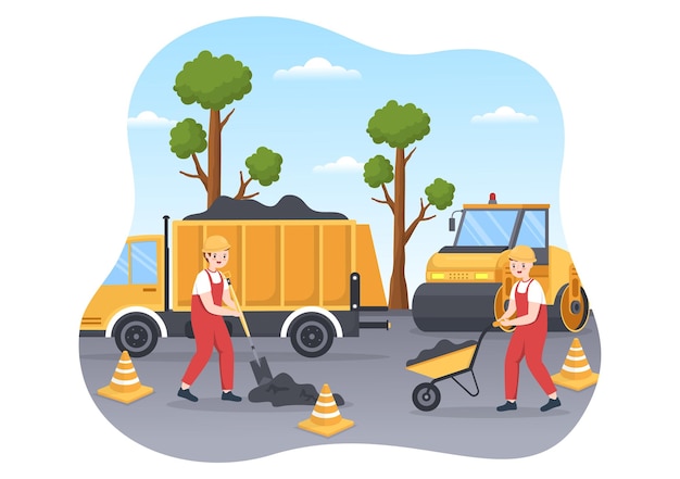 Vecteur travailleurs de la construction de routes et de l'entretien des autoroutes travaillant sur des routes asphaltées sur une illustration de dessin animé