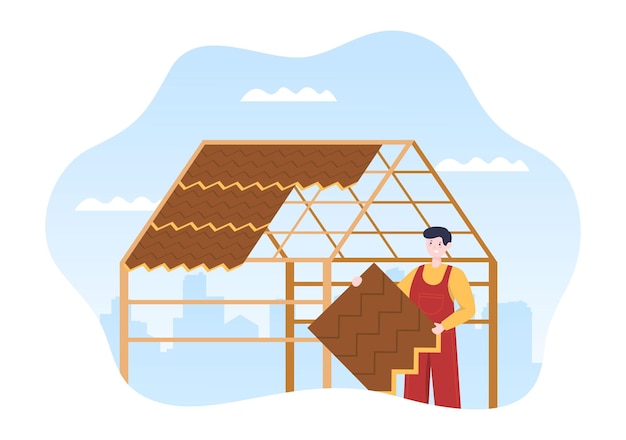 Vecteur travailleurs de la construction de toiture illustration dessinée à la main avec toit de fixation de rénovation de maison