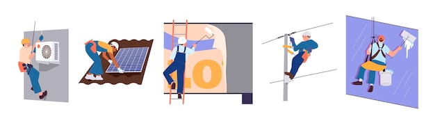 Des travailleurs de grande hauteur, des personnages de dessins animés pendus sur des harnais, occupant des postes de travail différents.
