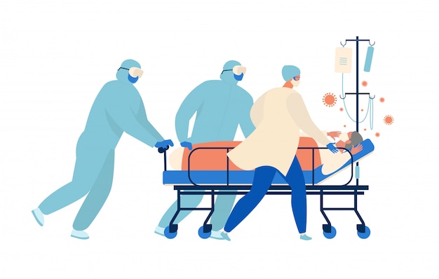 Vecteur les travailleurs médicaux en cours d'exécution pour une civière avec un patient âgé en réanimation.