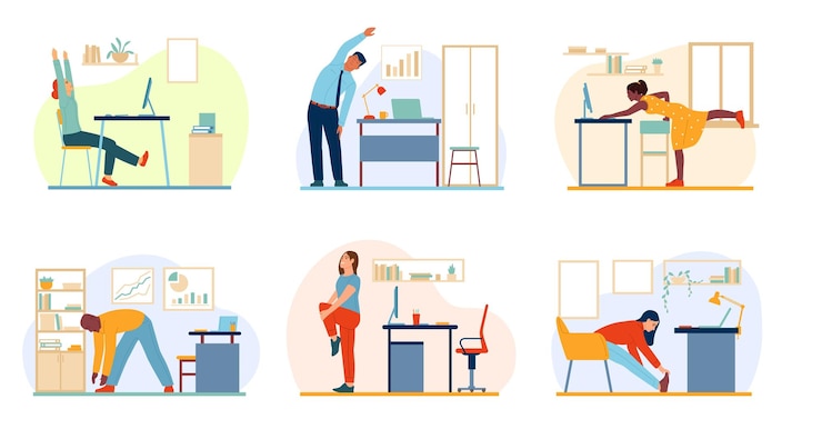 Vecteur travailleurs s'entraînant sur le lieu de travail s'étirer et s'échauffer au travail yoga de bureau remise en forme et sport d'entreprise hommes et femmes s'entraînant dans l'espace de travail ensemble d'images vectorielles d'employés faisant des exercices physiques