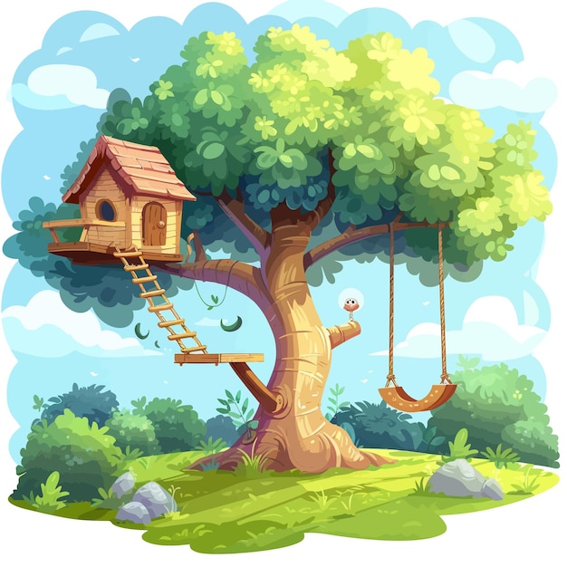 Treehouse_with_swing_in_the_park_vector (maison Dans L'arbre Avec Une Balançoire Dans Le Parc)