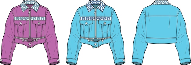 Trendy Nouveau Style Ladies Denim Jacket Avant Et Arrière Croquis Plat Dessin Technique Illustration Vectorielle