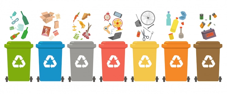 Vecteur tri des déchets, tri des déchets à recycler, tri des ordures, bacs de recyclage. différents types de déchets: papier, plastique, ferraille, verre, organique, déchets électroniques. illustration plate moderne.