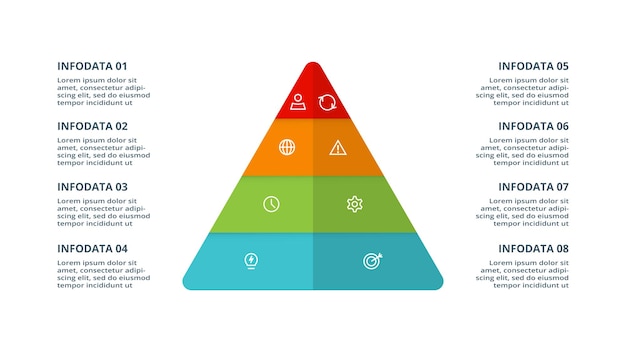 Triangle avec modèle d'infographie de 8 éléments pour les présentations d'entreprise web illustration vectorielle Visualisation des données d'entreprise