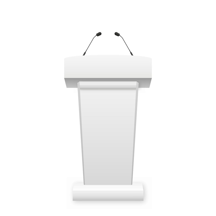 Vecteur tribune blanche de podium avec des microphones tribune politique 3d blanche réaliste pour la conférence d'isolement